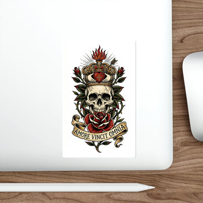AVO-2 Claddagh Crown - Skull & Rose Die-Cut Sticker — 'Amore Vincit Omnia' Gothic Vintage Tattoo Design