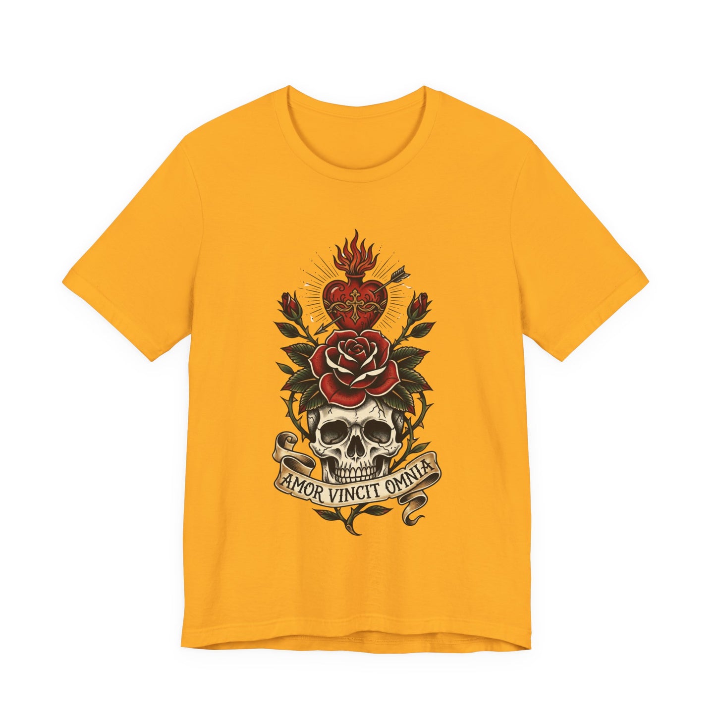 AVO - Tattoo T-Shirt — 'Amor Vincit Omnia' Skull & Rose Sacred Heart Tee