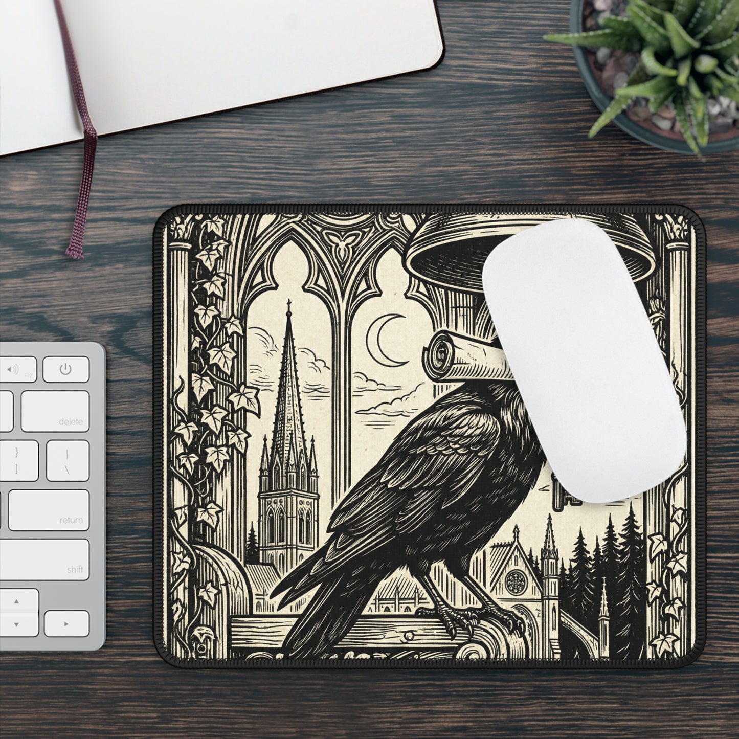 DarkArts - Raven 1 - Raven & Key Mouse Pad — Gothic Cathedral Gaming Desk Mat
