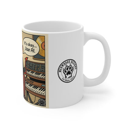 Use AI - 11oz Mug Left Handle — Controversial Musician "It’s Okay, Use AI" Music Producer Devil Comic Design