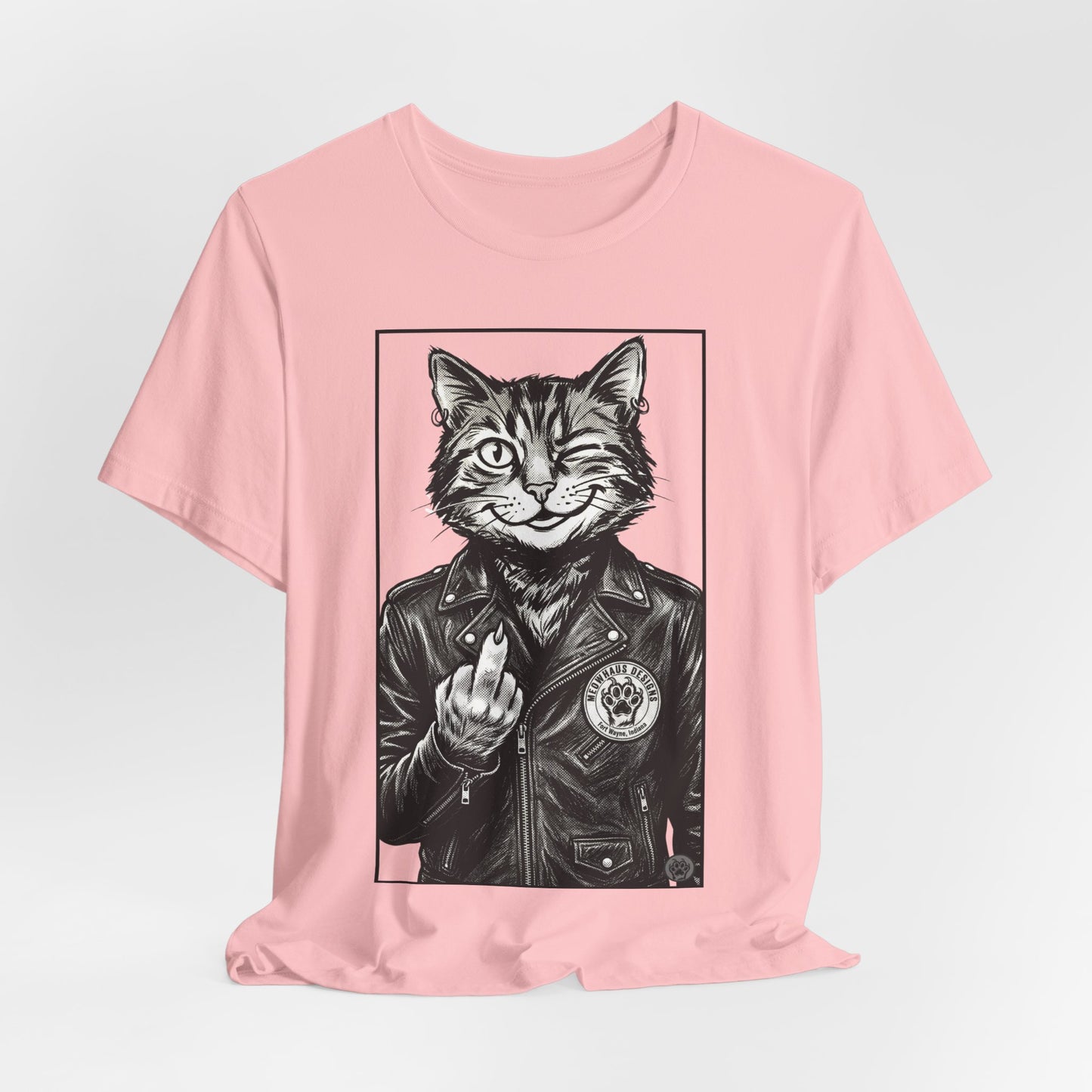 WinkyCat - Leather Jacket & Snarky Gesture - Cat Biker Tee — Grinning Cat in Leather Jacket Graphic T-Shirt
