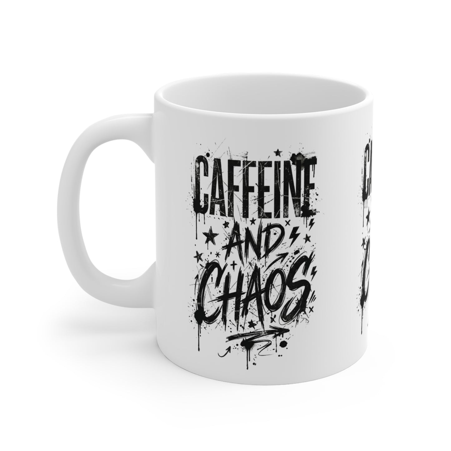 VOID - Caffeine and Chaos Mug — 11oz Coffee Cup with Bold Graffiti Typography