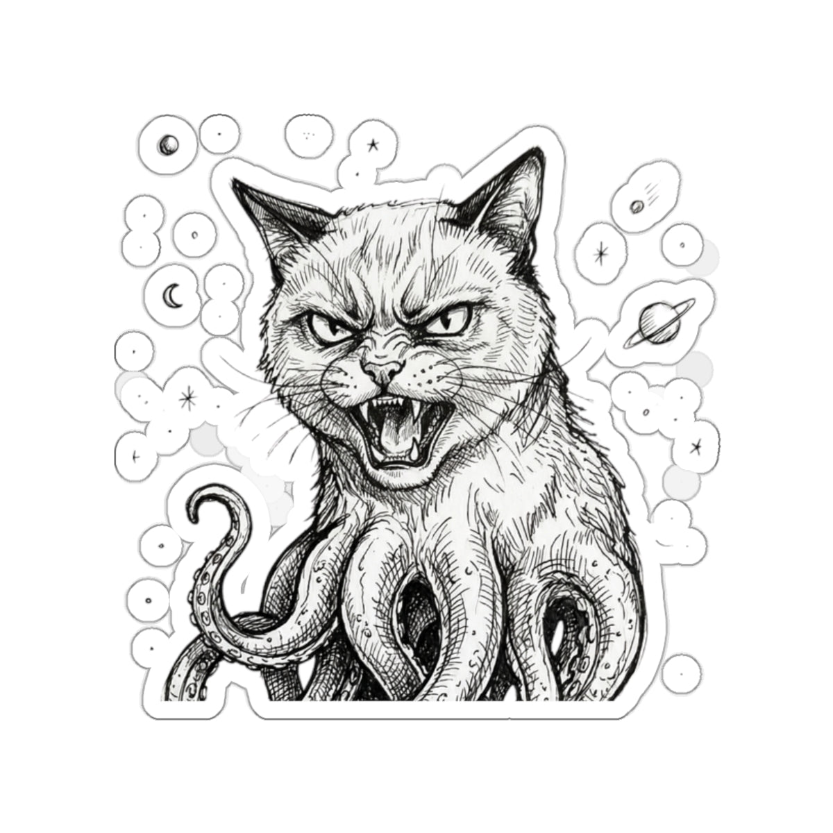 AlienCat In Space! - Mutant Creature Die-Cut Sticker — Black & White Gothic Cat with Octopus Tentacles