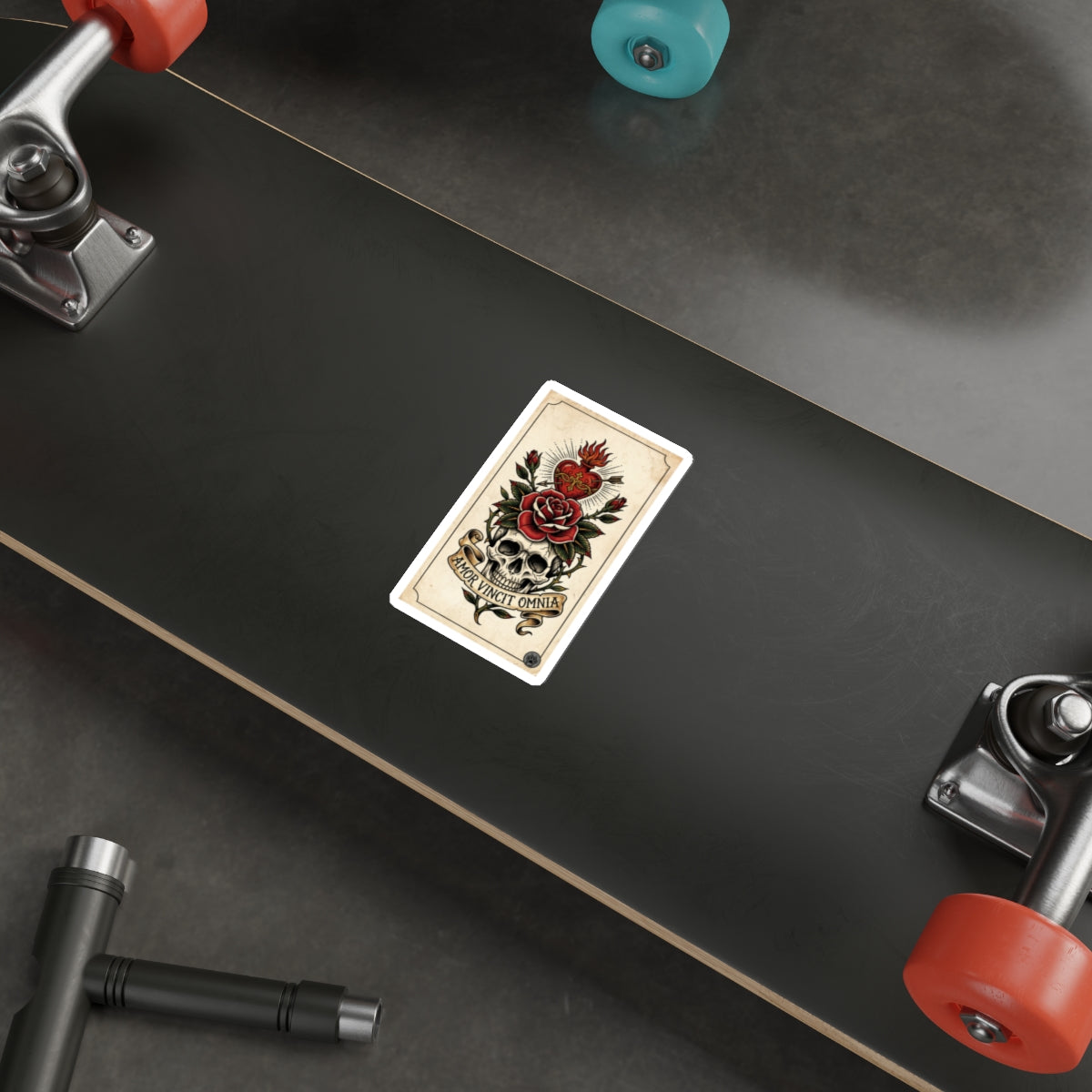 AVO-1 Sticker — Vintage 'Amor Vincit Omnia' Skull & Rose Die-Cut Tattoo Sticker