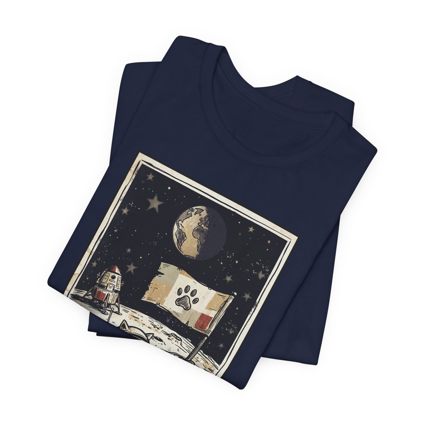 SpaceCat - Conquers The Moon! - Astronaut Cat Moon T-Shirt — Vintage Styled Space Kitty Flag Tee