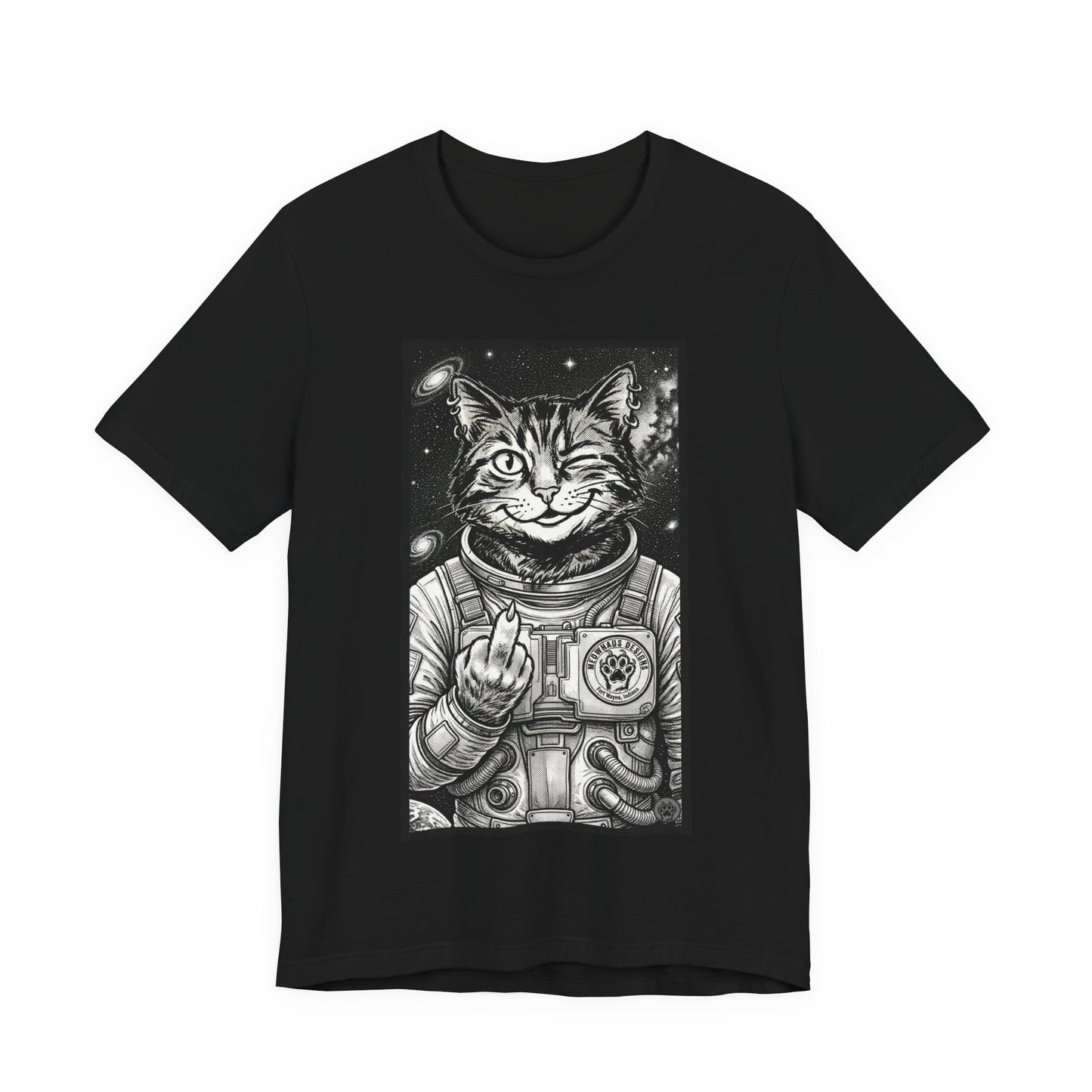 WinkyCat - The Astronaut (Giving Snarky Gesture) Cat Tee — Retro Space Cat Graphic T-Shirt
