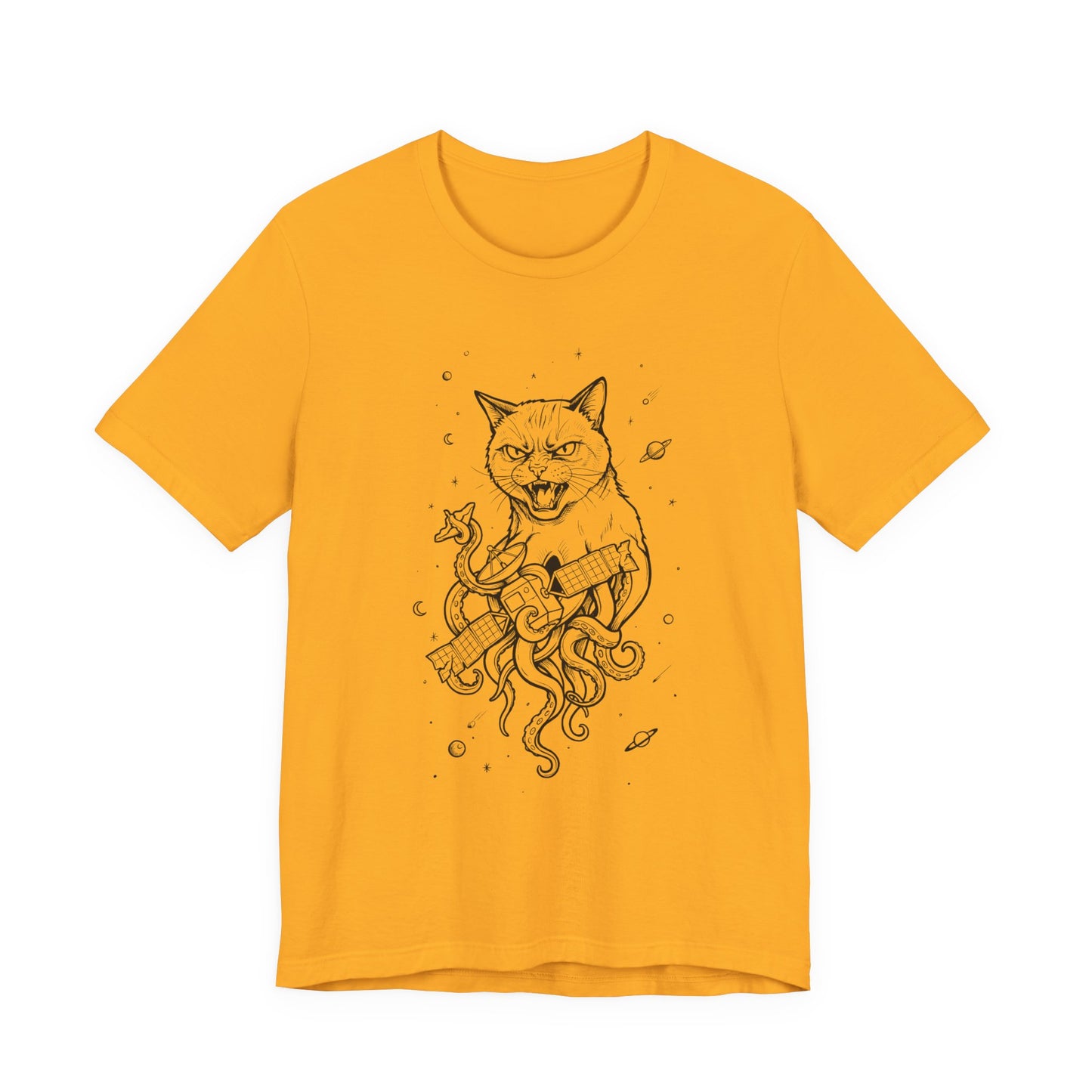 AlienCat In Space - Black Outline - Cat Kraken Illustration T-Shirt — Nautical Mythical Cat with Octopus Tentacles Tee