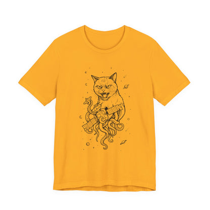 AlienCat In Space - Black Outline - Cat Kraken Illustration T-Shirt — Nautical Mythical Cat with Octopus Tentacles Tee