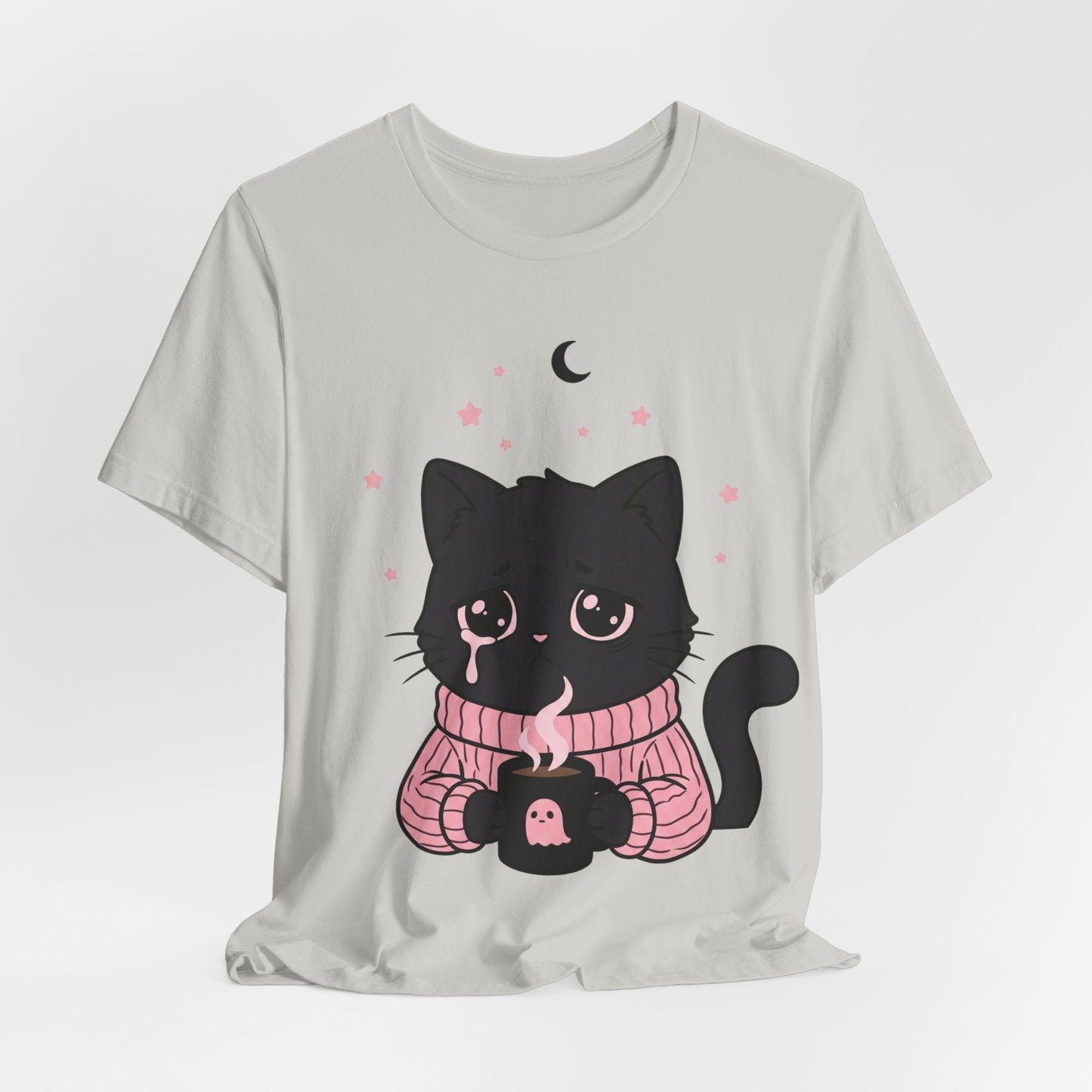 VOID - Cute Sad Black Cat Holding Hot Coffee T‑Shirt — Cozy Pink Sweater Kitty Tee