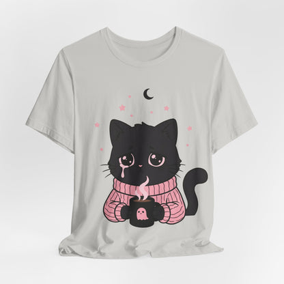 VOID - Cute Sad Black Cat Holding Hot Coffee T‑Shirt — Cozy Pink Sweater Kitty Tee