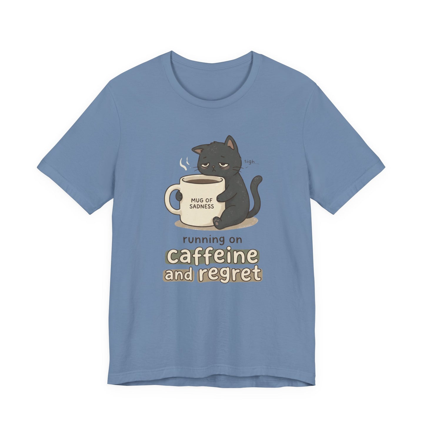 VOID - Caffeinated Cat Tee — "Running on Caffeine and Regret" Cute Coffee Cat Graphic T-Shirt