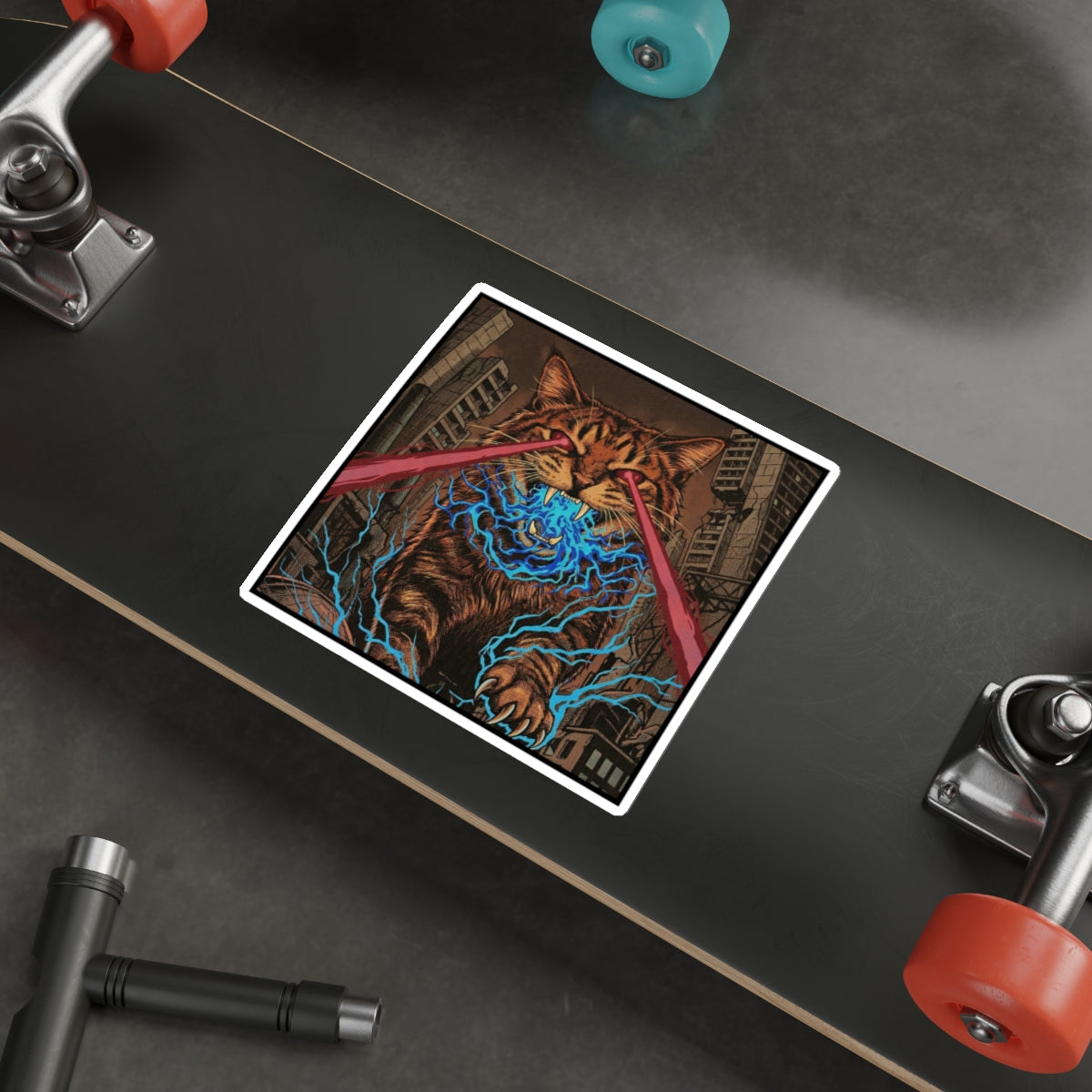 CityCat Attacks! - Dark - Red Lasers - Laser-Eyed Cat Die-Cut Sticker — Retro Kaiju City Illustration