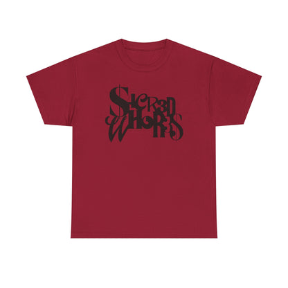 Sacred Whores - Mixed Fonts Graphic Tee — Gothic Ambigram Band Shirt