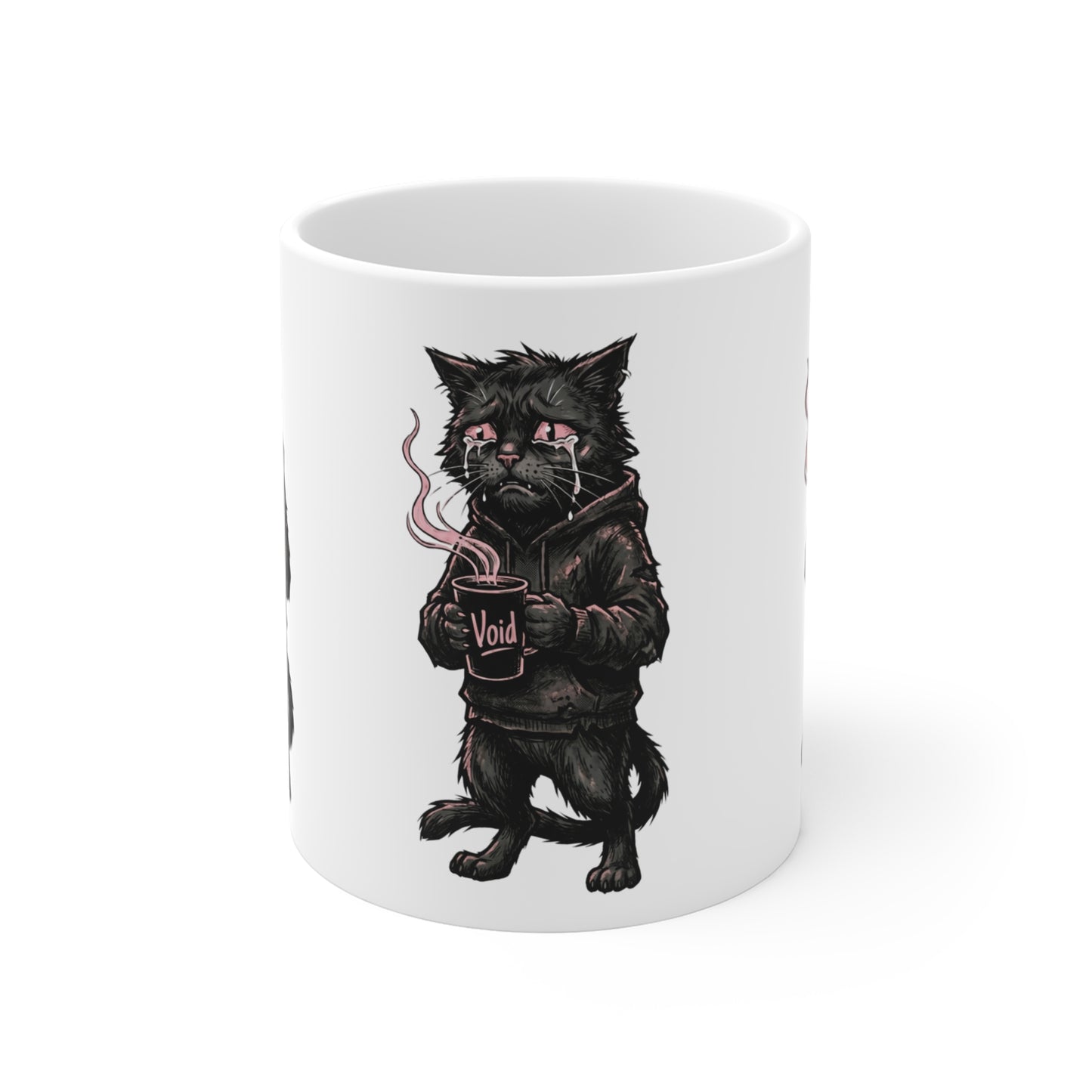 VOID - Cat Goth Mug — Grim Black Cat with Hoodie Holding 'Void' Coffee | Gothic Cat Coffee Mug