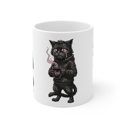 VOID - Cat Goth Mug — Grim Black Cat with Hoodie Holding 'Void' Coffee | Gothic Cat Coffee Mug