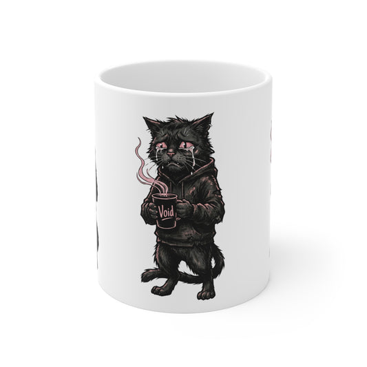 VOID - Cat Goth Mug — Grim Black Cat with Hoodie Holding 'Void' Coffee | Gothic Cat Coffee Mug