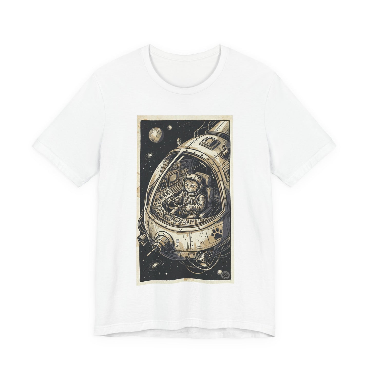 SpaceCat - To The Rescue! - Cat Astronaut in Rocket Capsule Graphic Tee – Vintage Style Space Pilot Illustration