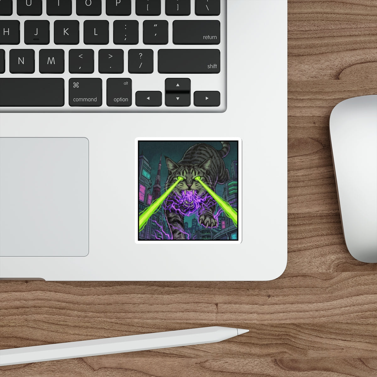 CityCat Attacks! - Green Lasers - Laser-Eyed Cat Sticker — Cyberpunk Neon City Die-Cut Sticker