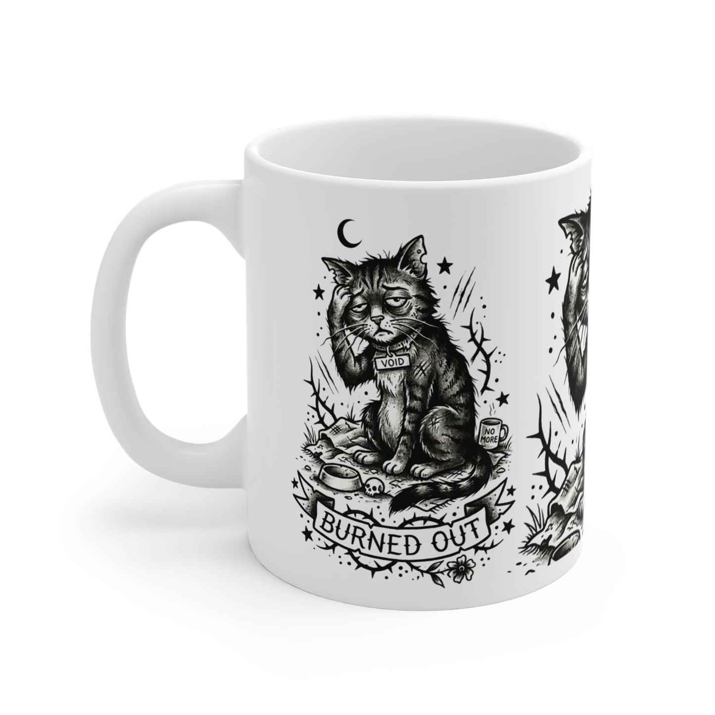 VOID - Burned Out Cat Mug — 11oz Black & White Vintage Tattoo Coffee Cup
