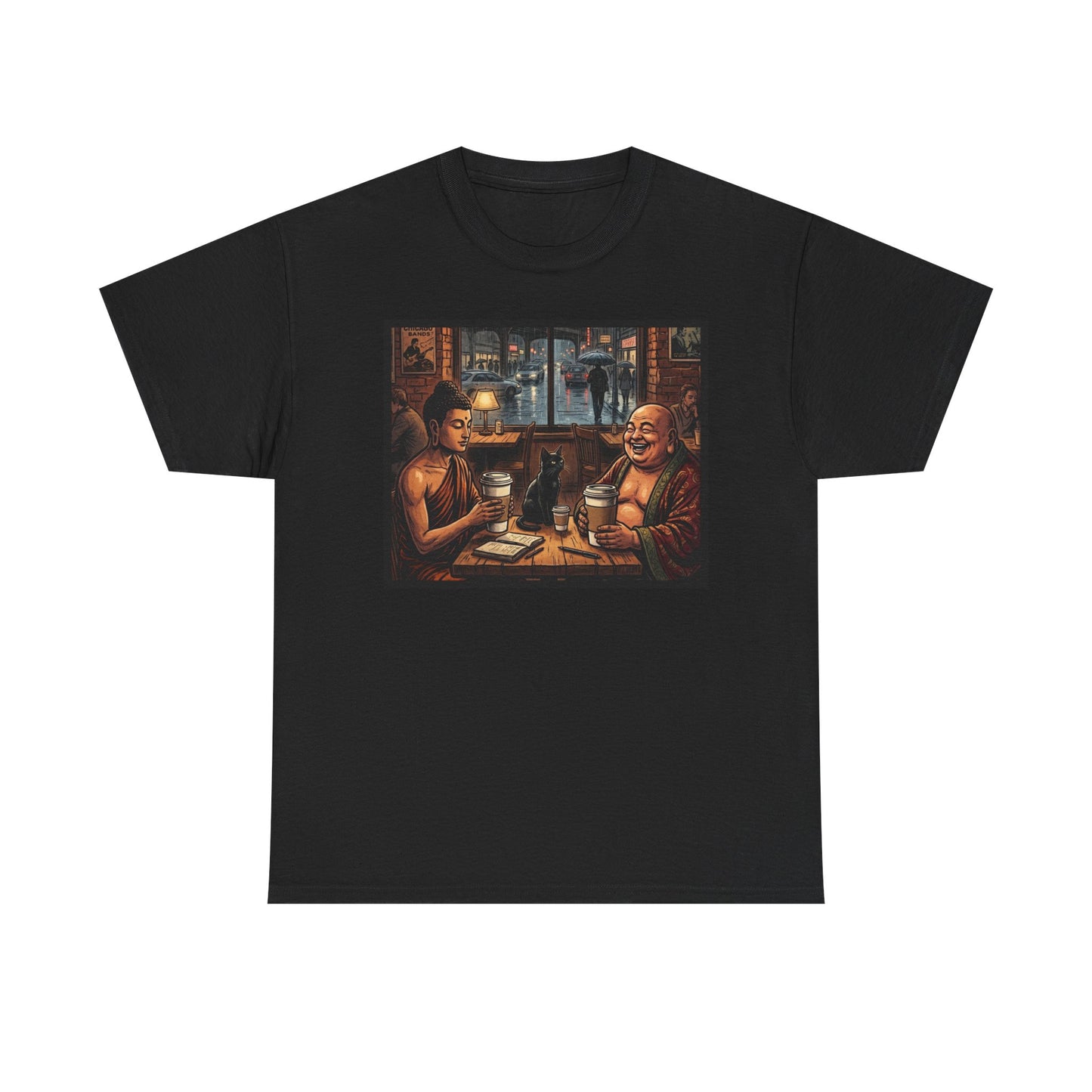 PBFMF - Buddha & Budai Coffee Time T-Shirt - Vintage Zen Coffee House Graphic Tee