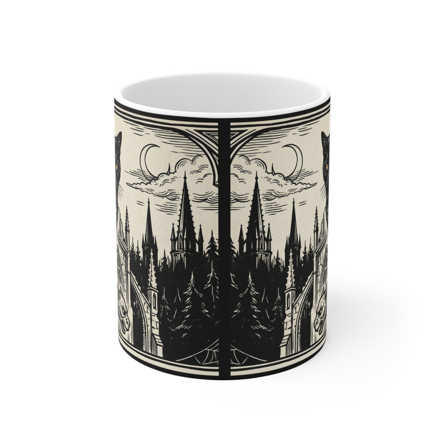 DarkArts - Cat - 11oz Mug Ambi Handle - Black Cat Cathedral Mug — Gothic 11oz Coffee Cup with Moonlit Spires