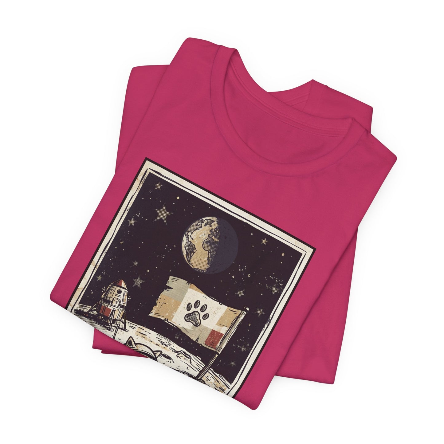 SpaceCat - Conquers The Moon! - Astronaut Cat Moon T-Shirt — Vintage Styled Space Kitty Flag Tee
