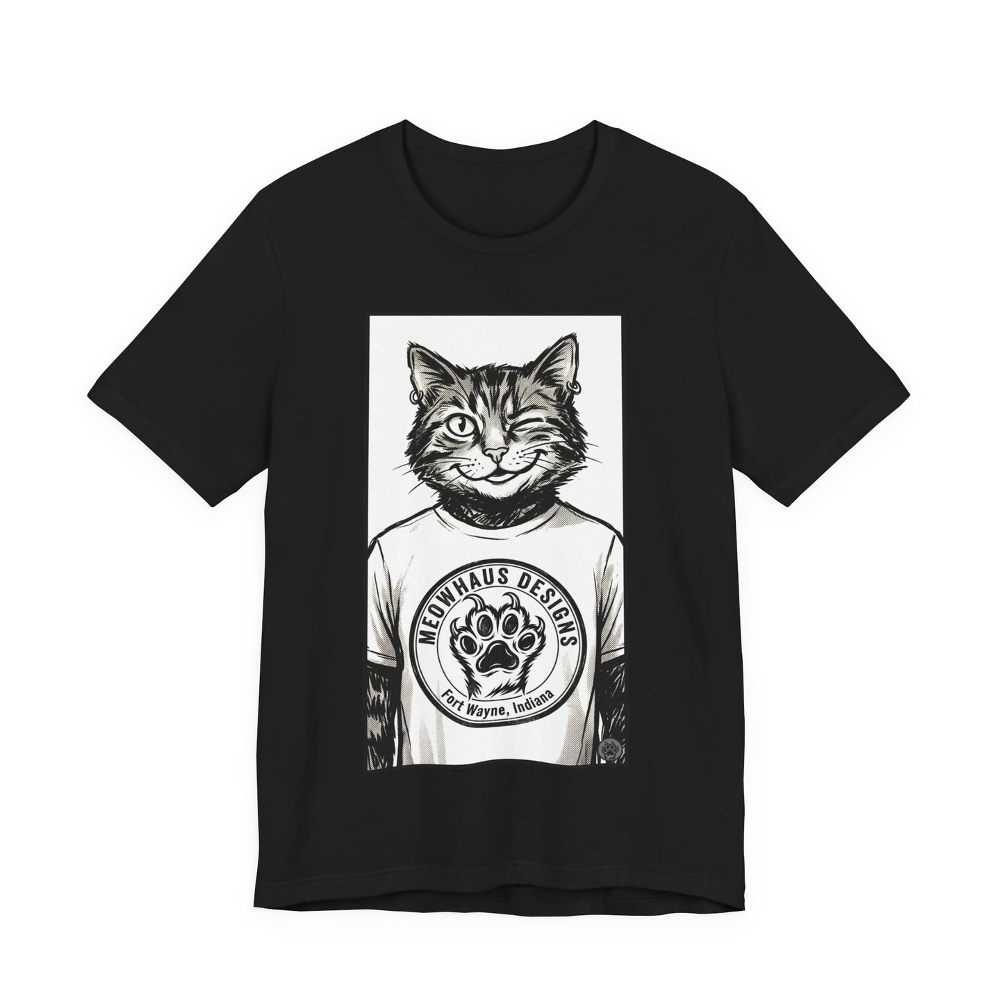 WinkyCat - Wearing the MHD Logo T-Shirt - Cat Portrait T‑Shirt — Retro Graphic Cat Wearing Logo Tee