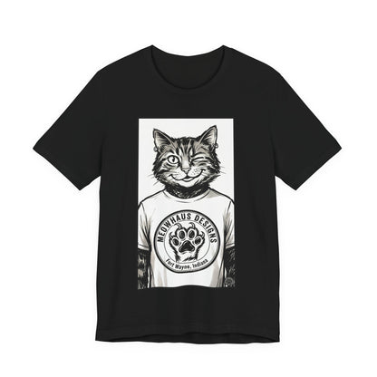 WinkyCat - Wearing the MHD Logo T-Shirt - Cat Portrait T‑Shirt — Retro Graphic Cat Wearing Logo Tee