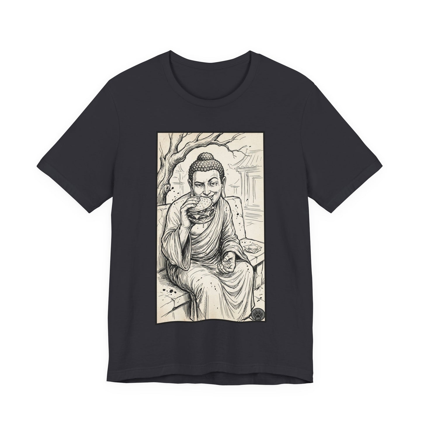 Bad Buddha Cheeseburger Sketch Tee — Humor Illustration T-Shirt