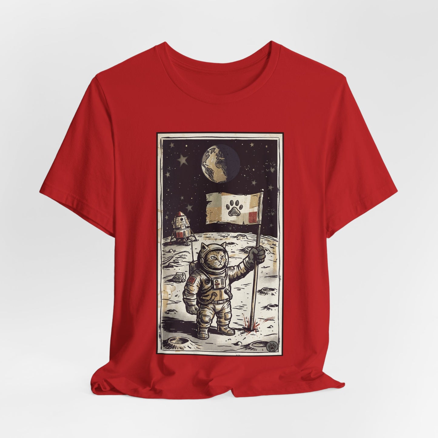 SpaceCat - Conquers The Moon! - Astronaut Cat Moon T-Shirt — Vintage Styled Space Kitty Flag Tee