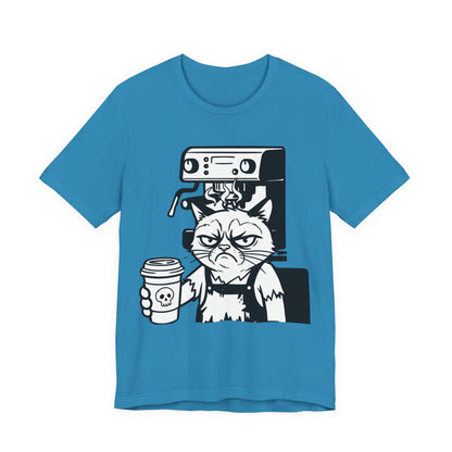 VOID - Annoyed Cat Coffee Tee — Funny Sarcastic Cat Barista Shirt with Coffee & Espresso Machine