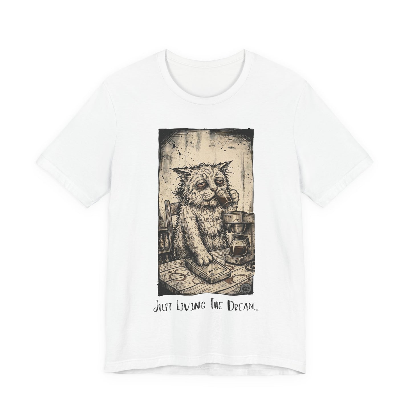 Scraps - Tired Cat Illustration Tee — "Just Living the Dream" Vintage Coffee Cat T-Shirt
