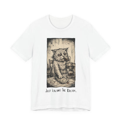 Scraps - Tired Cat Illustration Tee — "Just Living the Dream" Vintage Coffee Cat T-Shirt