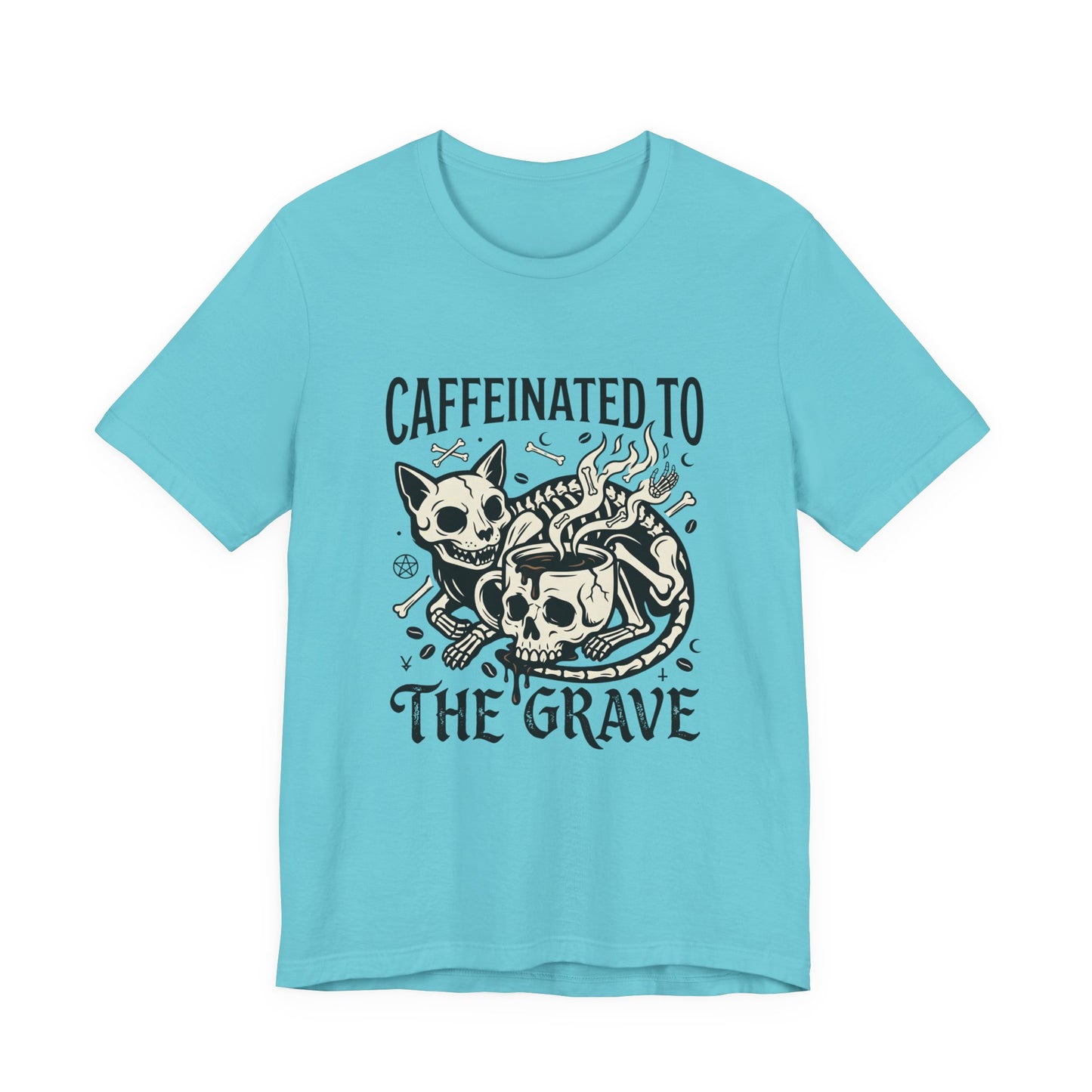 VOID - Caffeinated to the Grave Tee — Gothic Skull & Cat Coffee Shirt