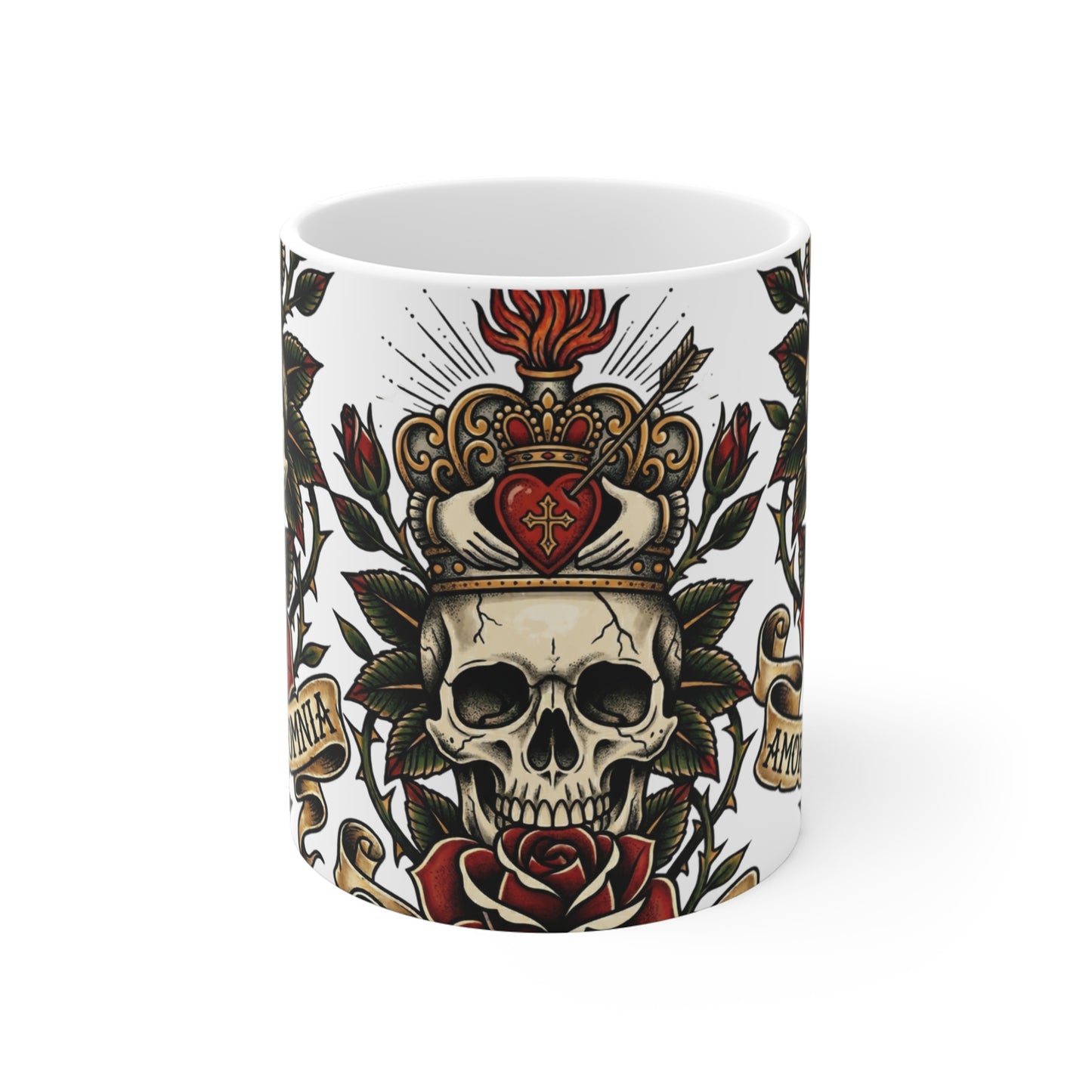 AVO - V2 #2 Claddagh Crown - 11oz Mug Ambi Handle - Skull & Rose Ceramic Mug — 'Amor Vincit Omnia' Gothic Tattoo Coffee Cup (11 oz)