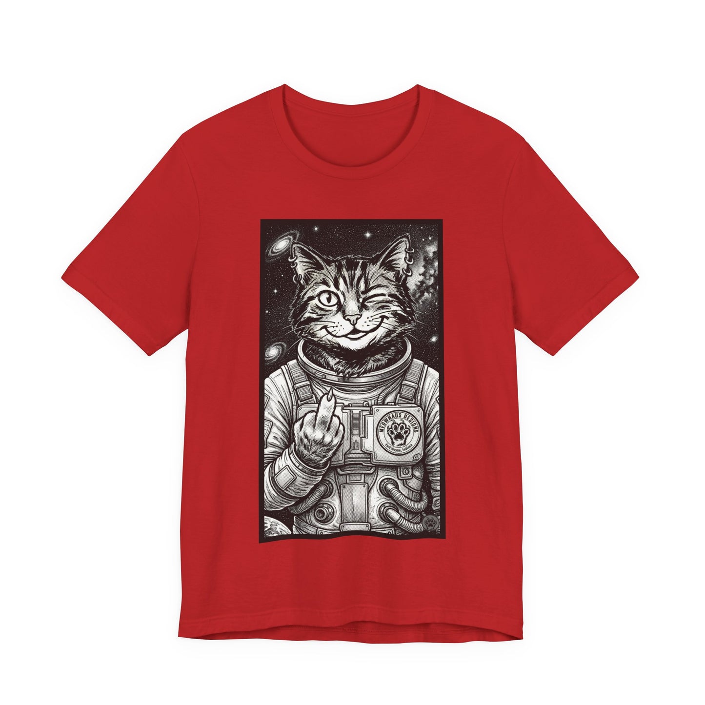 WinkyCat - The Astronaut (Giving Snarky Gesture) Cat Tee — Retro Space Cat Graphic T-Shirt