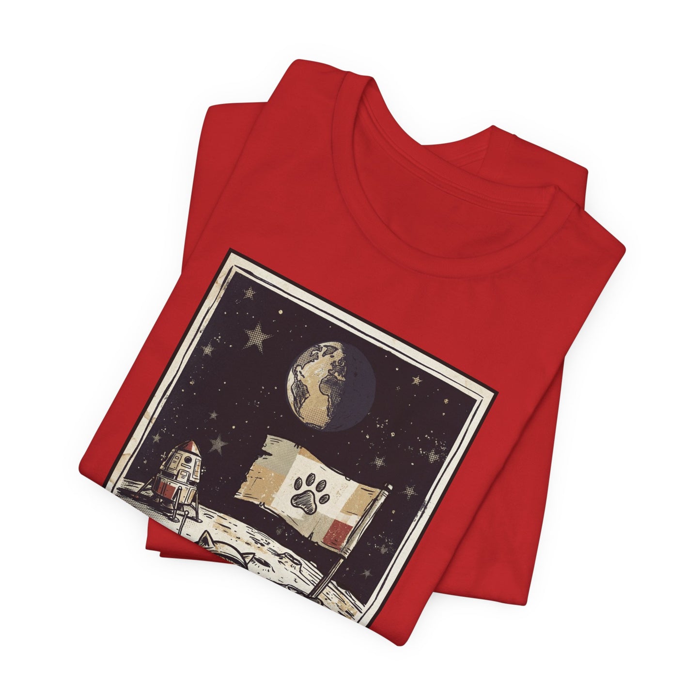 SpaceCat - Conquers The Moon! - Astronaut Cat Moon T-Shirt — Vintage Styled Space Kitty Flag Tee
