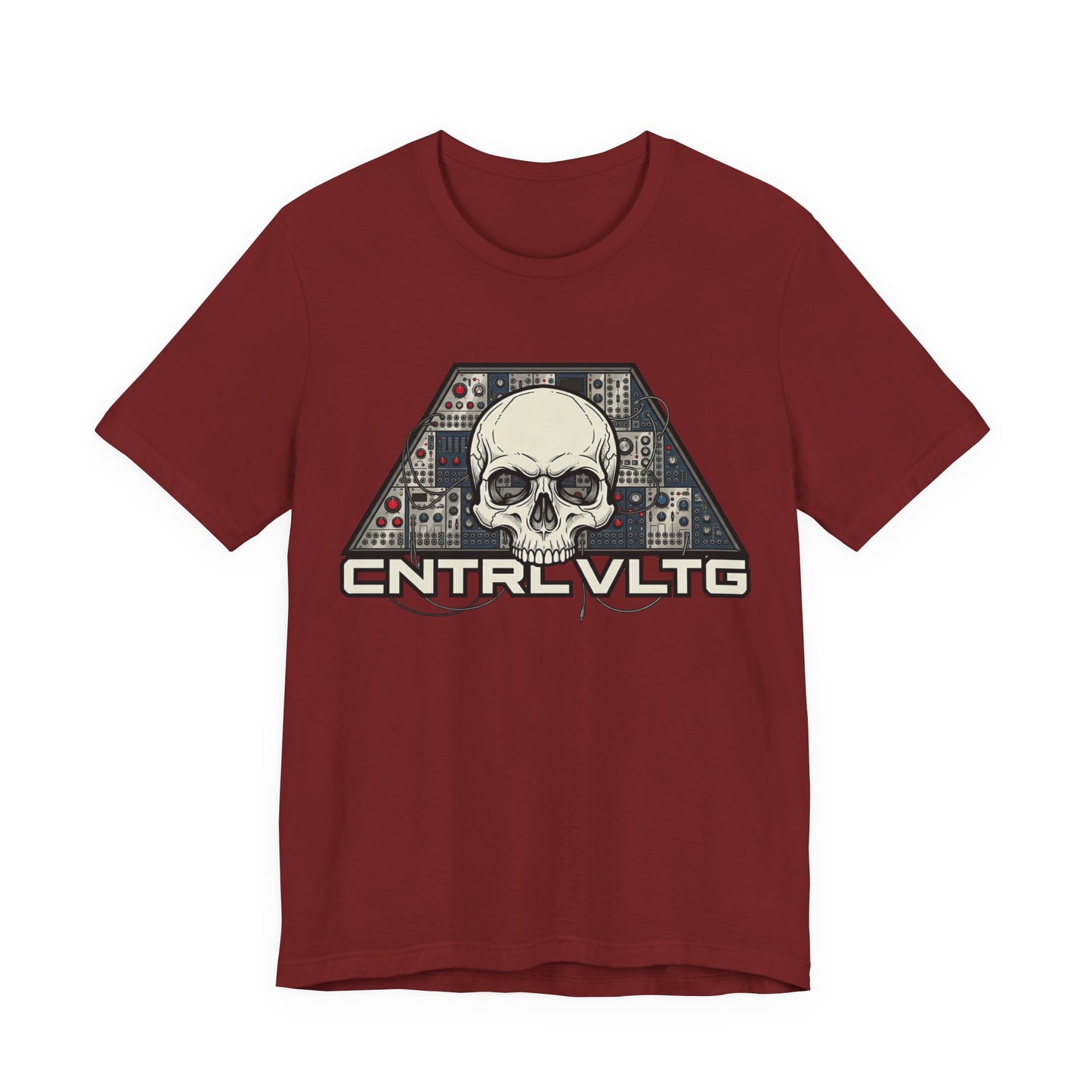 CV Control Voltage - TriBase White - Skull Modular Analog Synth Console Tee — “CNTRL VLTG” Retro Electronic Music T-Shirt
