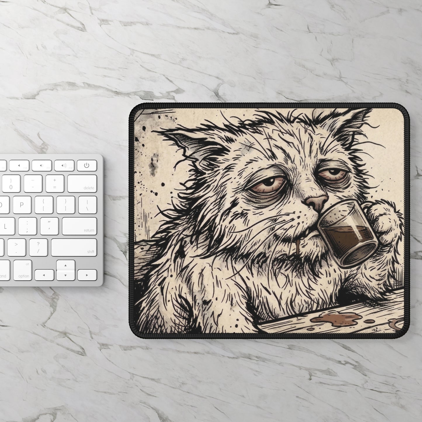 Scraps - GFM - Tired Exhausted Kitty Drinking Coffee - Gaming Mouse Pad