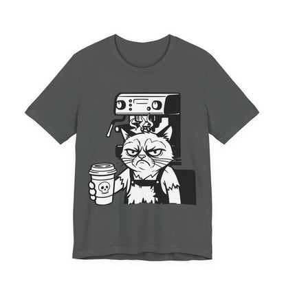 VOID - Annoyed Cat Coffee Tee — Funny Sarcastic Cat Barista Shirt with Coffee & Espresso Machine