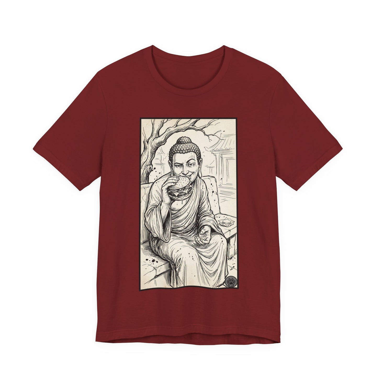 Bad Buddha Cheeseburger Sketch Tee — Humor Illustration T-Shirt