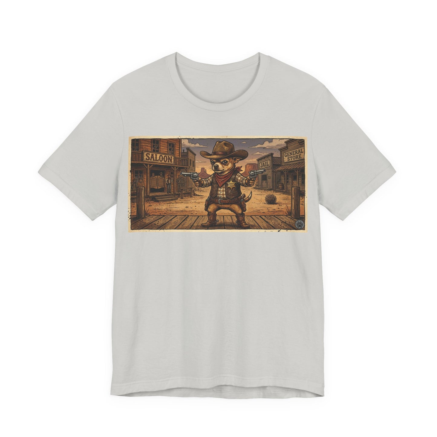 SheriffPaco - Horizontal - Western Cowboy Sheriff Chihuahua T-Shirt — Vintage Saloon Puppy Dog Graphic Tee