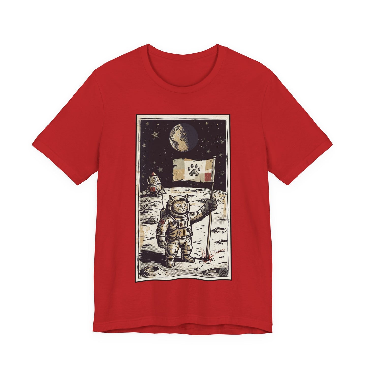 SpaceCat - Conquers The Moon! - Astronaut Cat Moon T-Shirt — Vintage Styled Space Kitty Flag Tee