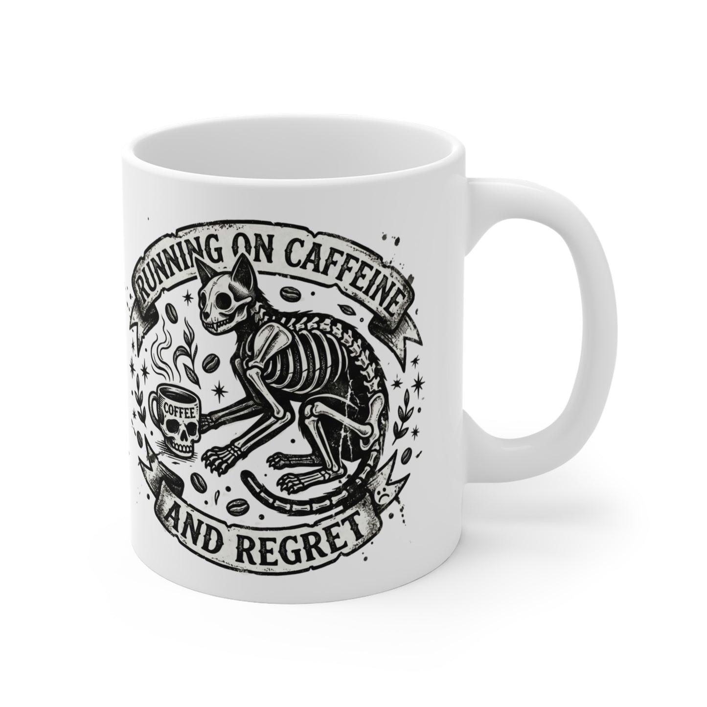 VOID - Running on Caffeine and Regret Coffee Mug — Skeleton Cat Skull Design, Gothic Coffee Cup, Funny Dark Humor Gift for Cat Lovers