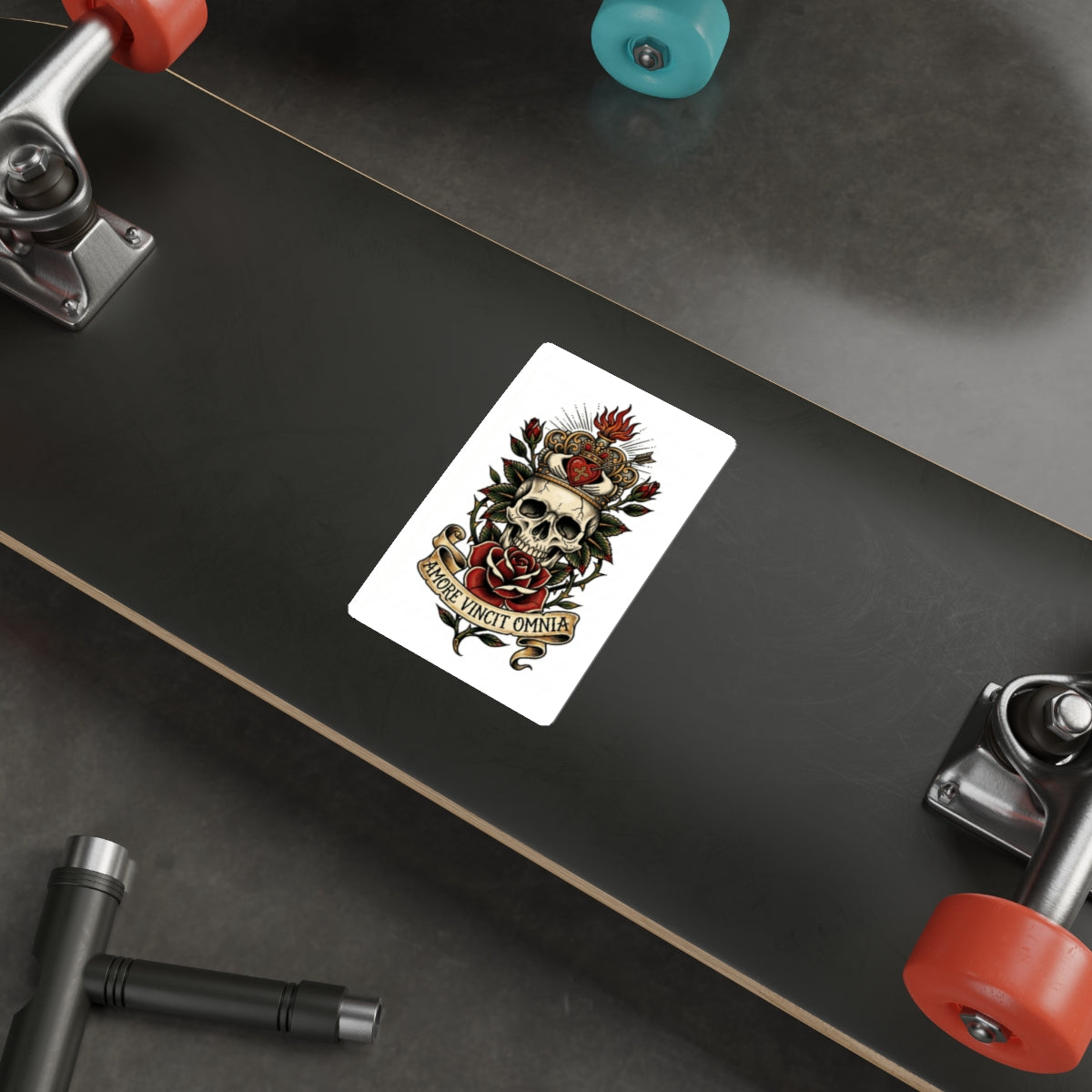 AVO-2 Claddagh Crown - Skull & Rose Die-Cut Sticker — 'Amore Vincit Omnia' Gothic Vintage Tattoo Design
