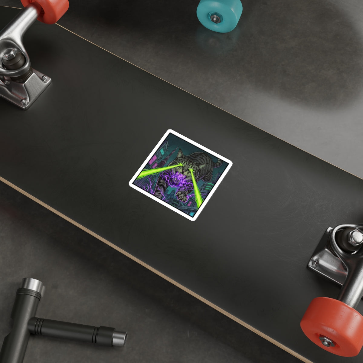 CityCat Attacks! - Green Lasers - Laser-Eyed Cat Sticker — Cyberpunk Neon City Die-Cut Sticker