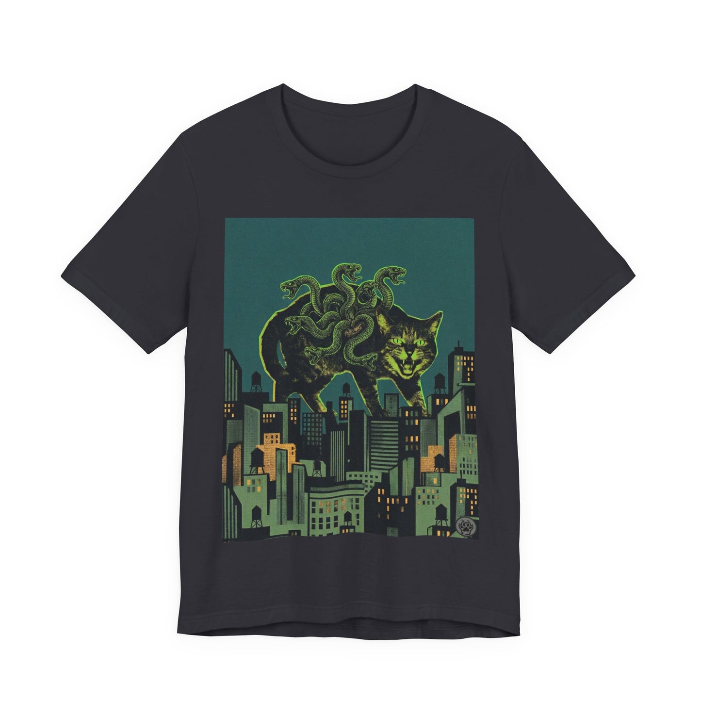 City Cat Attacks - "Inner Demons" Green Version - Poster Collage City Night Kaiju Cat T-Shirt — Neon Monster Cat Over Skyline