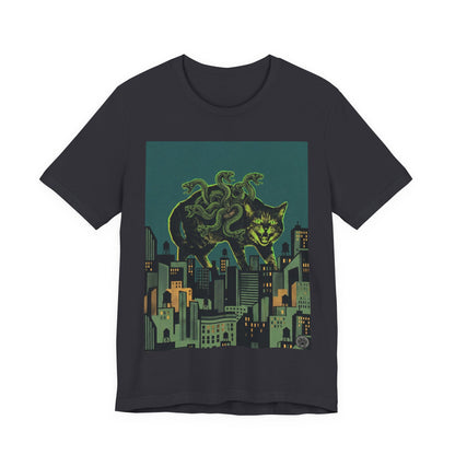 City Cat Attacks - "Inner Demons" Green Version - Poster Collage City Night Kaiju Cat T-Shirt — Neon Monster Cat Over Skyline