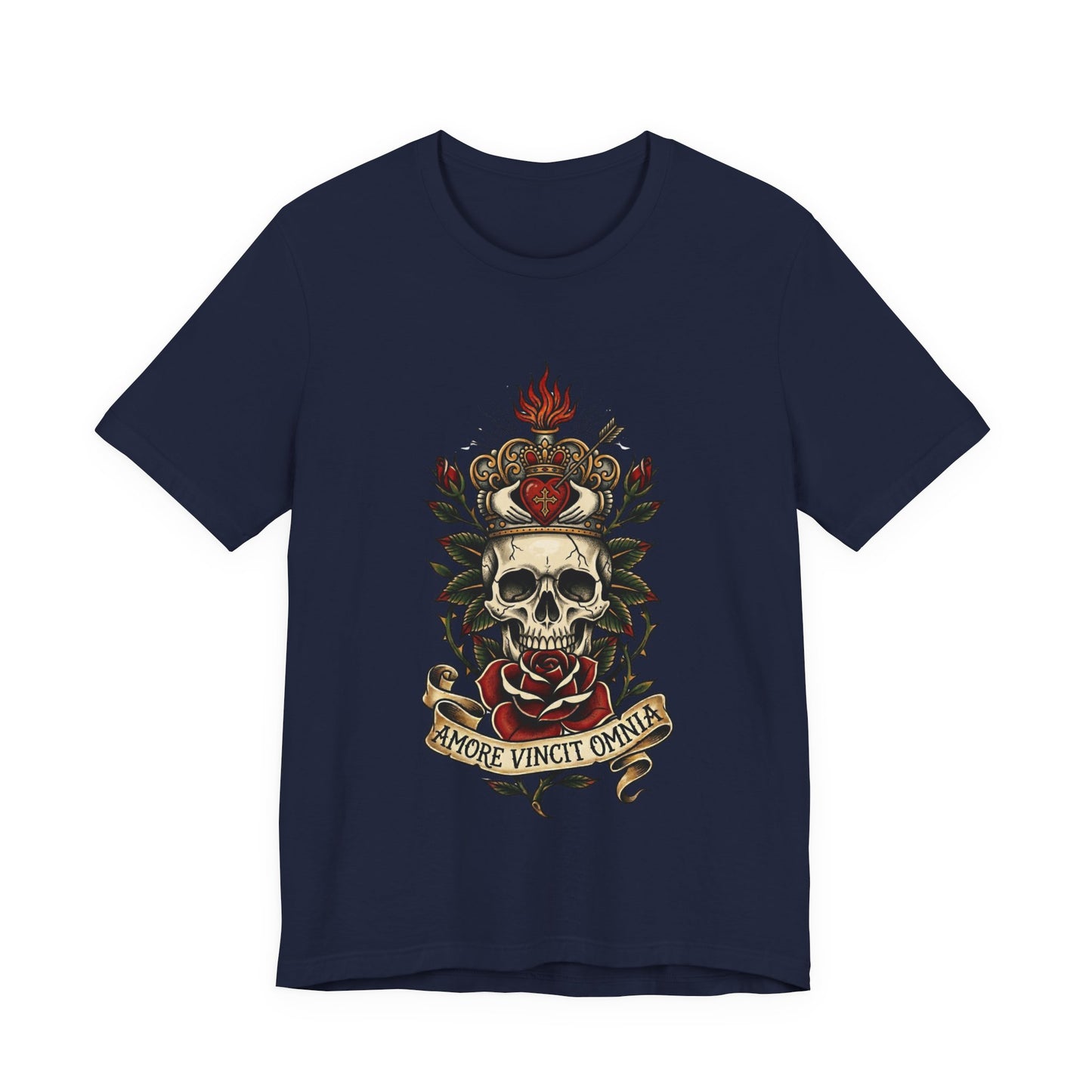 Skull Claddagh Crown Classic Tattoo Tee – "Amore Vincit Omnia" Vintage Gothic Graphic T‑Shirt