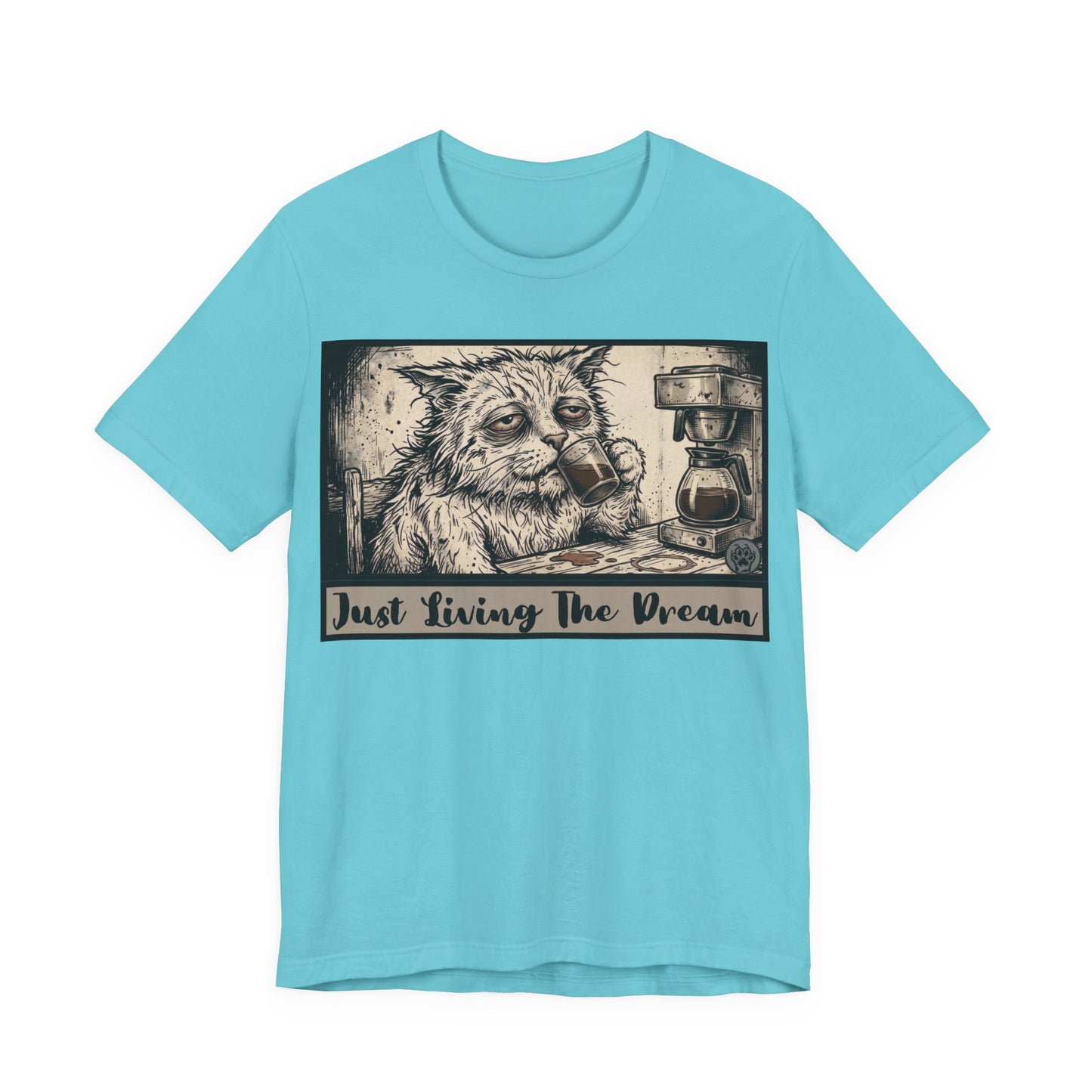 Scraps - Just Living The Dream - Tired Reluctant Morning Cat Tee — Vintage Cat Coffee T-Shirt